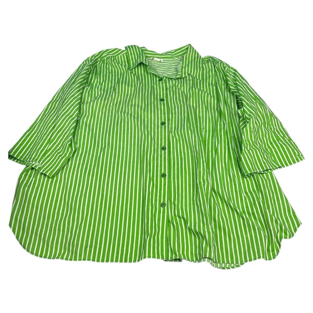 Roaman's Women Plus Size 5X Shirt Green White Striped Half Sleeve Button Up